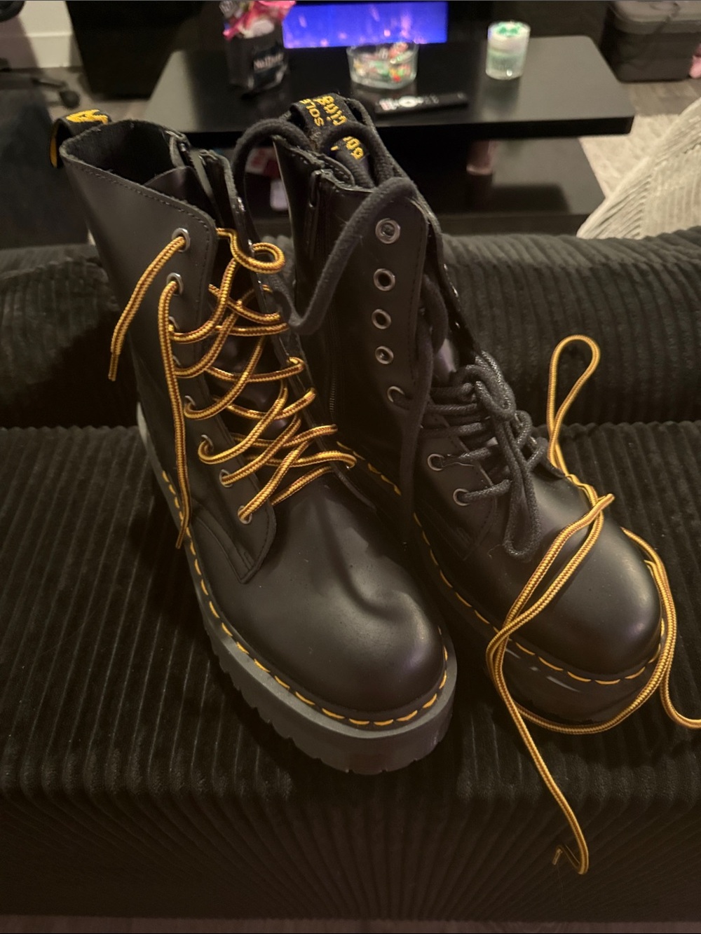 Dr. Martens Black Boots with Yellow Stitching and Laces